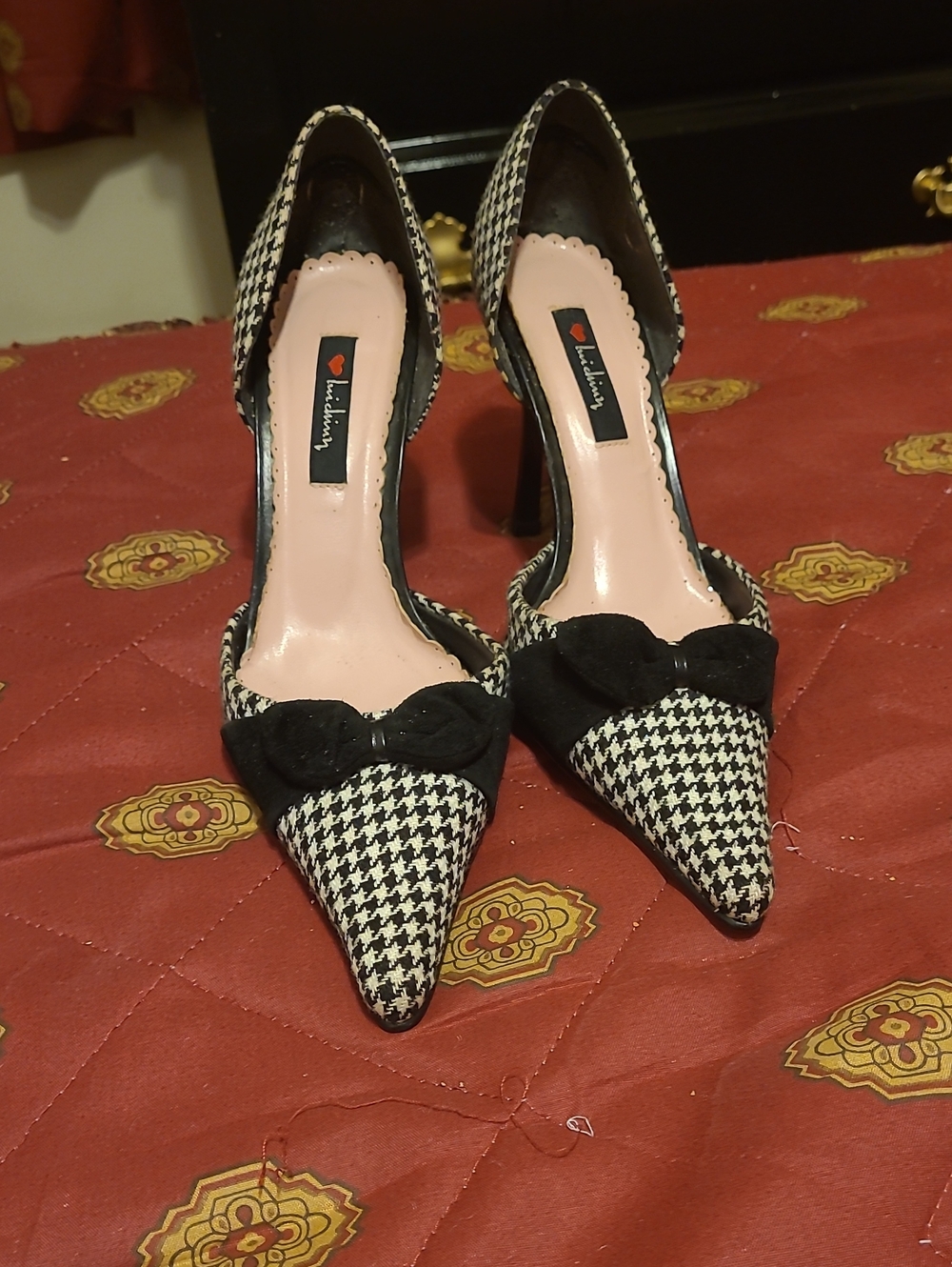 Michael Antonio Black and White Houndstooth Pointed Toe Heels with Bow
